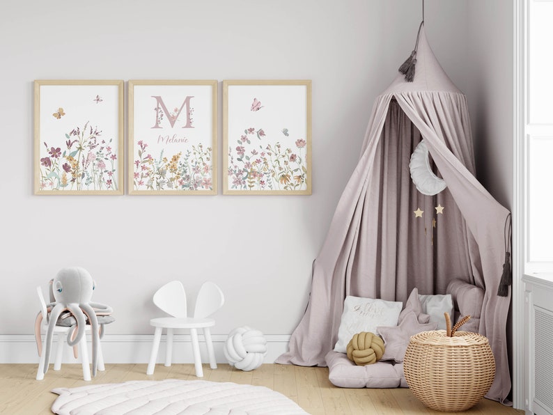 Custom Boho Girl Nursery Art Set of 3 Wildflower Prints With Letter and ...