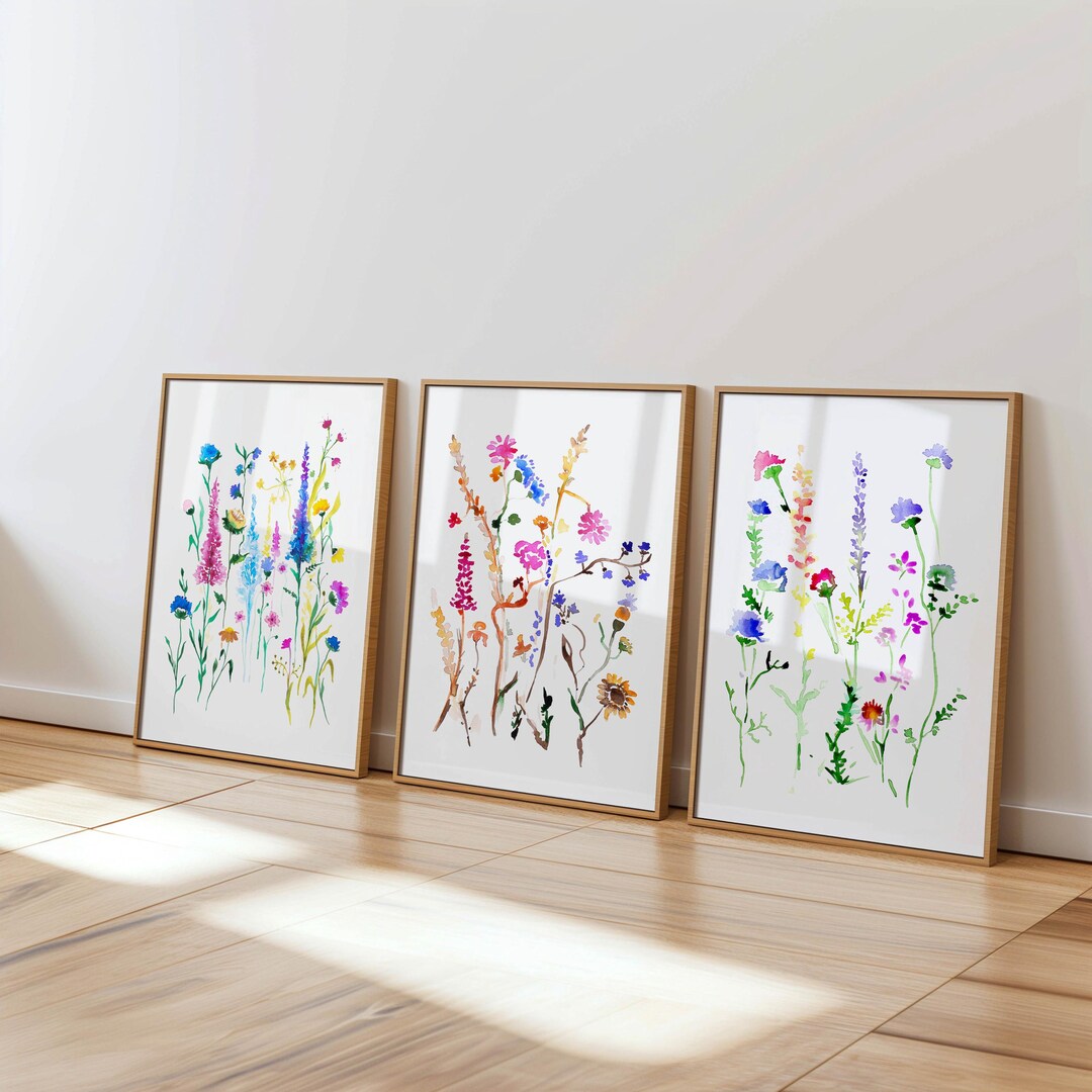 Wildflower Watercolor Print Set: Bright Floral Wall Art (digital ...