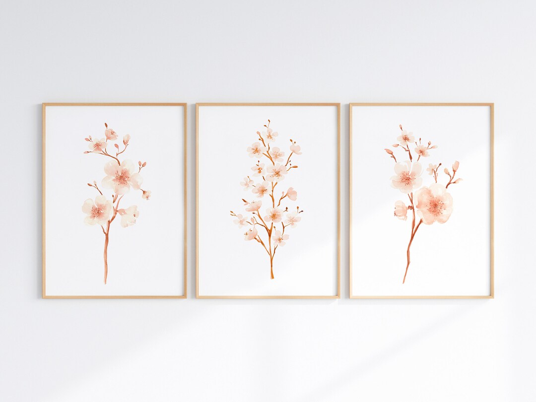 Printable Cherry Blossom Wall Art Set of 3, Sakura Watercolor, Blush ...