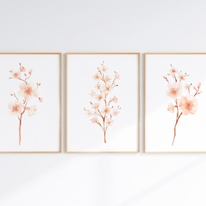 Printable Cherry Blossom Wall Art Set Of 3, Sakura Watercolor, Blush Pink Flower Prints, Digital Download
