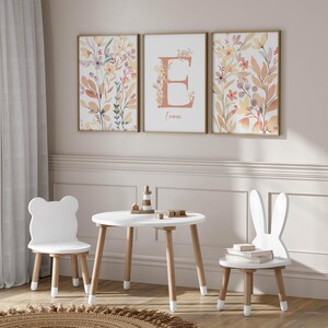Boho Flower Girl Nursery Wall Art Set of 3, Personalized Initial Name ...