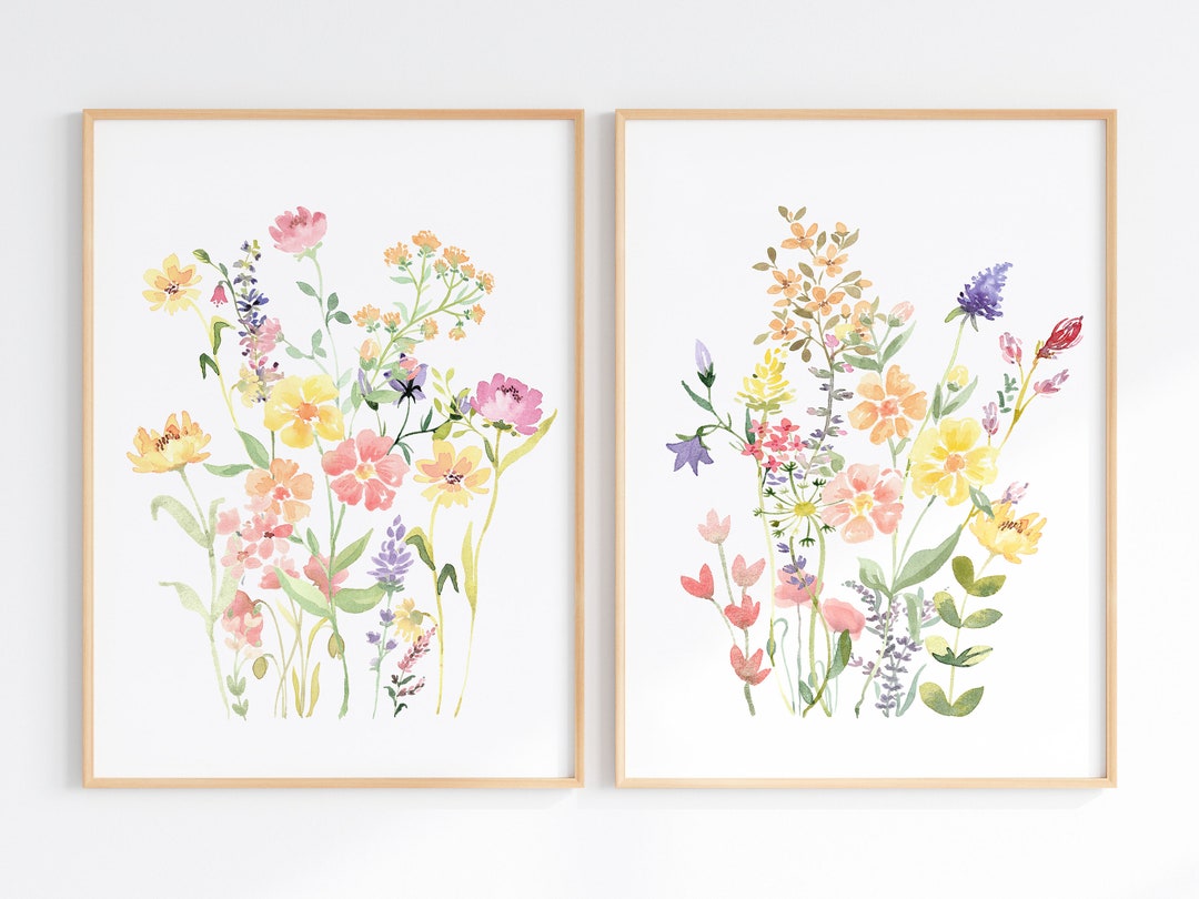 Colorful Wildflower Watercolor Prints, Wall Art Set of 2 Bright Floral ...