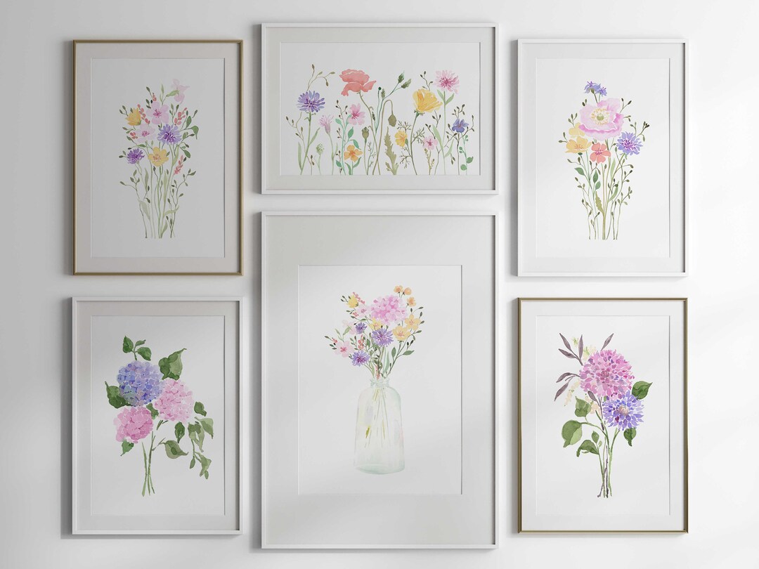 Botanical Floral Wall Art Set of 6, Wildflower Watercolor Prints ...