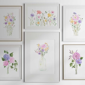 Botanical Floral Wall Art Set Of 6, Wildflower Watercolor Prints, Gallery Wall Set, Digital Download Art