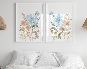 Boho Floral Watercolor Print Set, Girl Bedroom Decor, Light Blue Wildflowers Art (Digital Download)