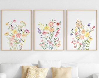 Set de impresiones de acuarela de flores silvestres: Arte floral colorido para pared (descarga digital)