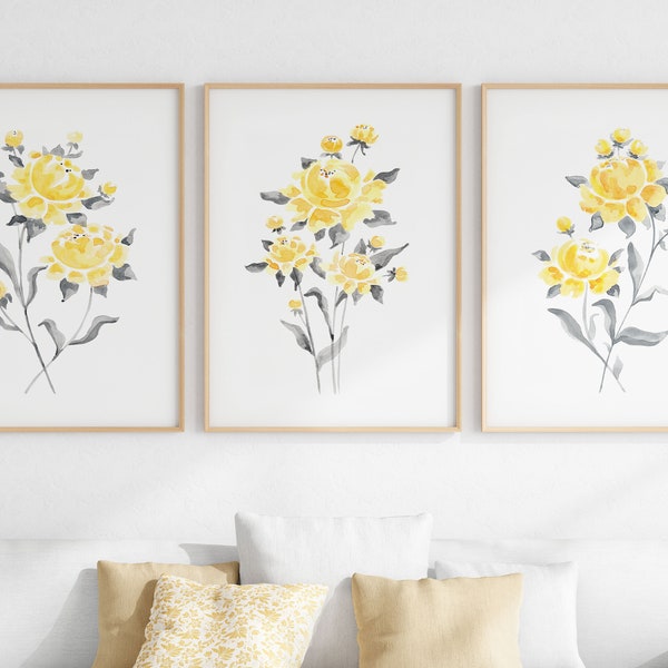 Yellow And Gray Peony Print Set Of 3, Wall Art Flower Watercolors, Printable Living Room Decor, Digital Download