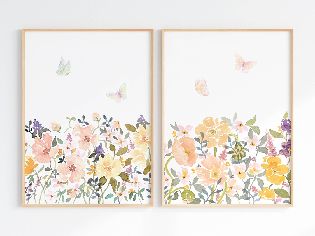 Wildflower Watercolor Print Set of 2, Flowers and Butterflies Wall Art ...