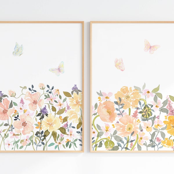 Wildflower Watercolor Print Set Of 2, Flowers And Butterflies Wall Art, Floral Digital Download Artwork