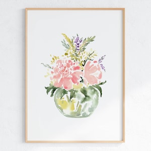 Imprimible peonía acuarela impresión ramo de flores en jarrón pared arte floral decoración sala de estar pared arte digital descargar obras de arte
