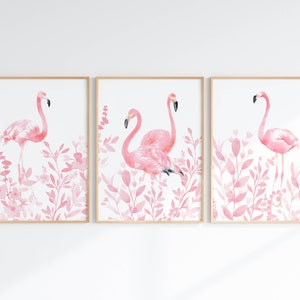 Pink Flamingo Wall Art Set Of 3, Tropical Nursery Decor, Girls Bedroom Prints, Flamingo With Flowers Watercolor, Digital Download
