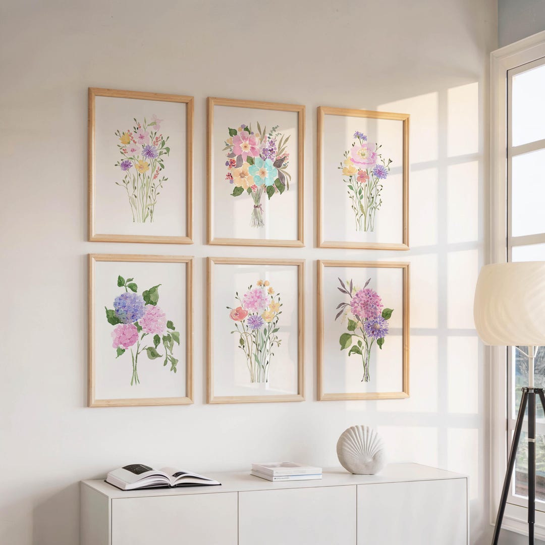 Wildflower Watercolor Prints Set of 6, Colorful Floral Gallery Wall Art ...