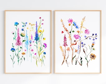 Stampe ad acquerello di fiori selvatici: set di decorazioni murali floreali luminose (download digitale)