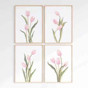 Juego de 4 impresiones de tulipanes rosa pastel, galería floral minimalista de pared, decoración botánica sencilla imagen 1