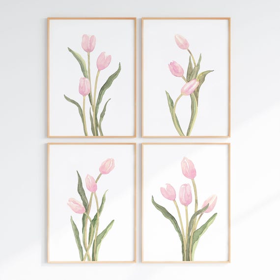 Pastel Pink Tulips Prints Set of 4, Minimalist Floral Gallery Wall, Simple Botanical Decor