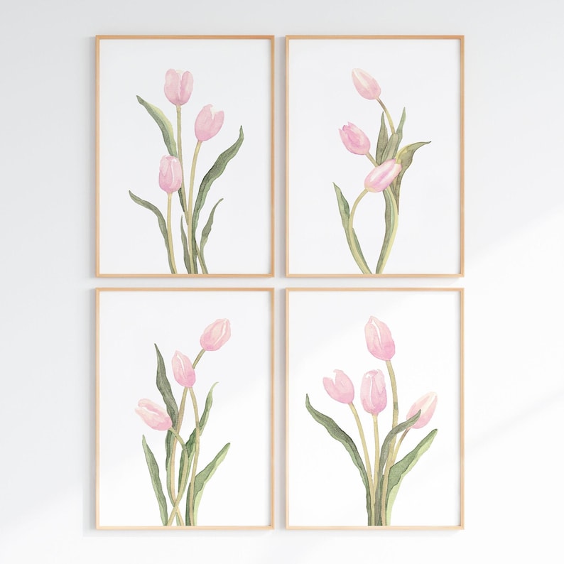 Juego de 4 impresiones de tulipanes rosa pastel, galería floral minimalista de pared, decoración botánica sencilla imagen 1