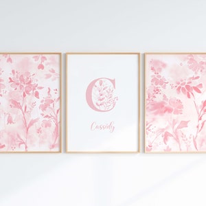 Blush Pink Floral Nursery Wall Art, Personalized Set of 3 Baby Girl ...