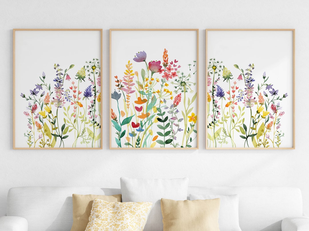Printable Wildflowers Art Set of 3, Colorful Boho Wall Decor, Botanical ...