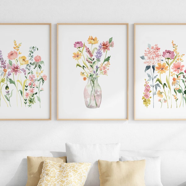 Wall Art Set Of 3 Bright Floral Watercolors, Wildflower Prints, Colorful Flower Bouquet In Vase, Printable Artwork, Digital Download