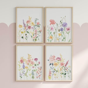 Set met wilde bloemen aquarelprints: galeriewand meisjes kinderkamer (digitale download)