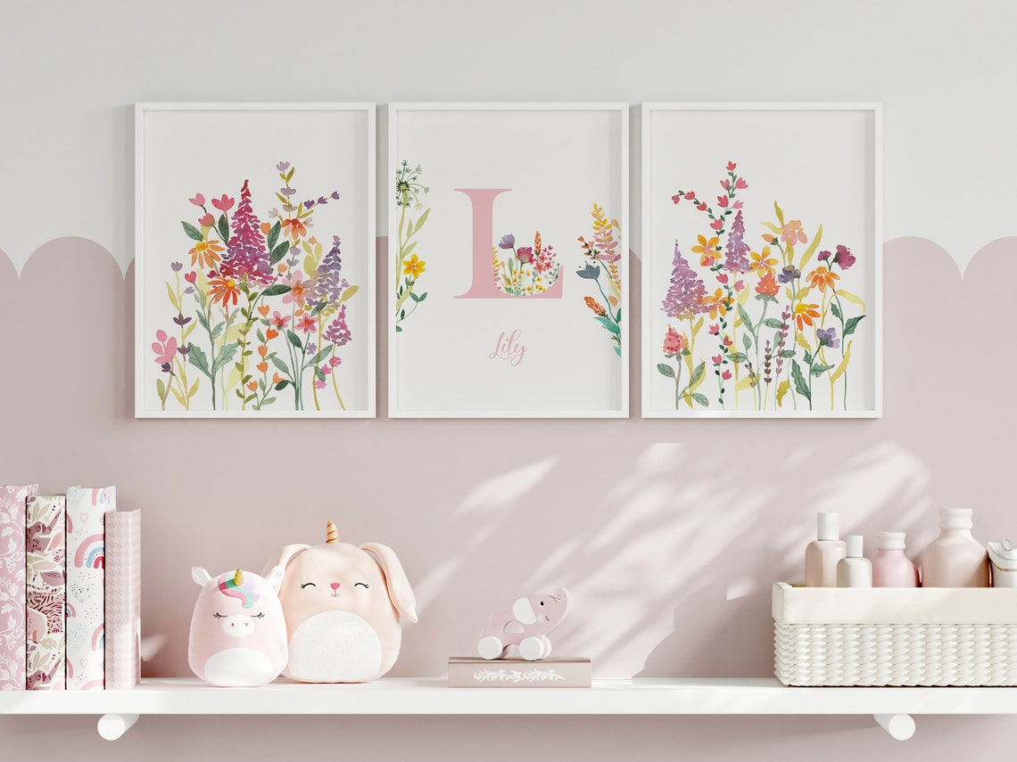 Floral Initial Nursery Art: Wildflower Watercolor Print Set, Baby Girls ...