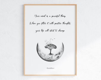 Mindful Poster, Positive Quote Printable, Buddha Wall Art, Digital Download, Spiritual Artwork, Meditation Room Decor