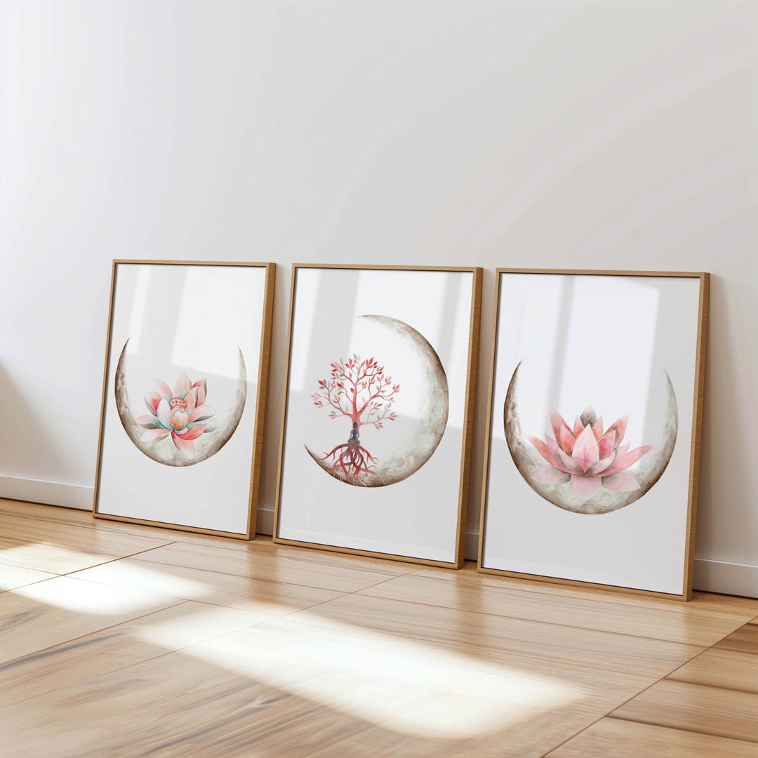 Lotus Flower Wall Art Set of 3 Zen Prints Moon Tree of Life Decor ...