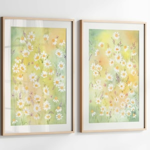 Daisies Field Watercolor Wall Art Set Of 2, White Flowers Prints, Botanical Printable Decor, Digital Download Art