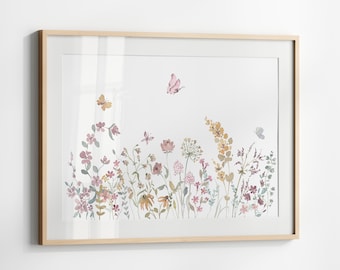 May include: A framed watercolor painting of a field of wildflowers with butterflies. The flowers are in shades of pink, yellow, and green. The butterflies are pink and yellow.