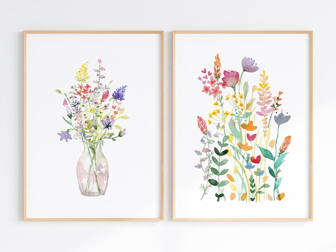 Wildflower Bouquet Watercolor, Wall Art Set of 2 Colorful Flower Prints ...