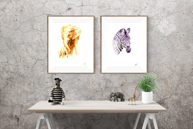 Safari Animal Prints Elephant And Zebra Watercolor Print Set Of 2 Kids Room Wall Decor Nursery Art Jungle Animals With Baby