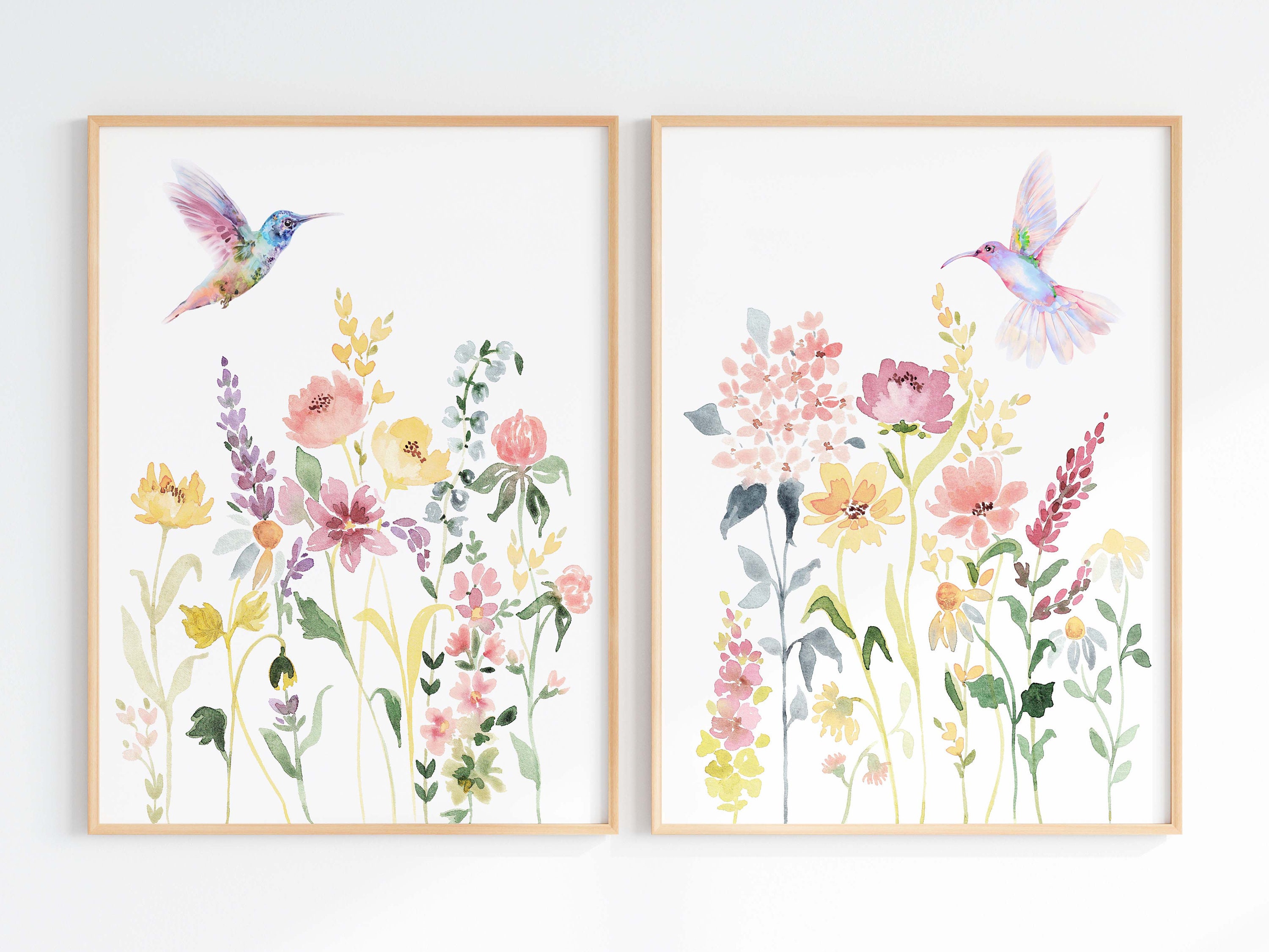 Hummingbirds With Flowers Wall Art Set of 2, Colorful Floral Watercolor  Prints, Printable Wildflower Artwork, Digital Download - Etsy