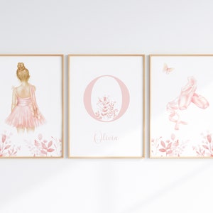 Rosa Ballerina-Kinderzimmerdekor, Wand-Kunst-Set mit 3-Ballett-Thema-Buchstaben- und Namensdrucken, Ballettschuh-Kunstwerk, digitaler Download