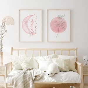 Light Pink Moon And Stars Nursery Wall Art Baby Girl Room Prints Set Of 3 Celestial Kids Decor Moon Watercolor Artwork Digital Download