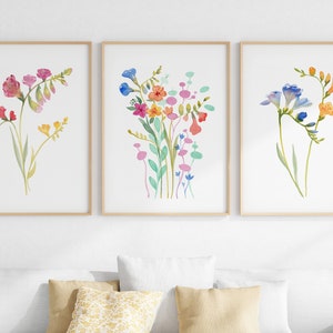 Colorful Flower Watercolor Wall Art Printable, Freesia Art Prints, Farmhouse Botanical Illustration, Digital Download