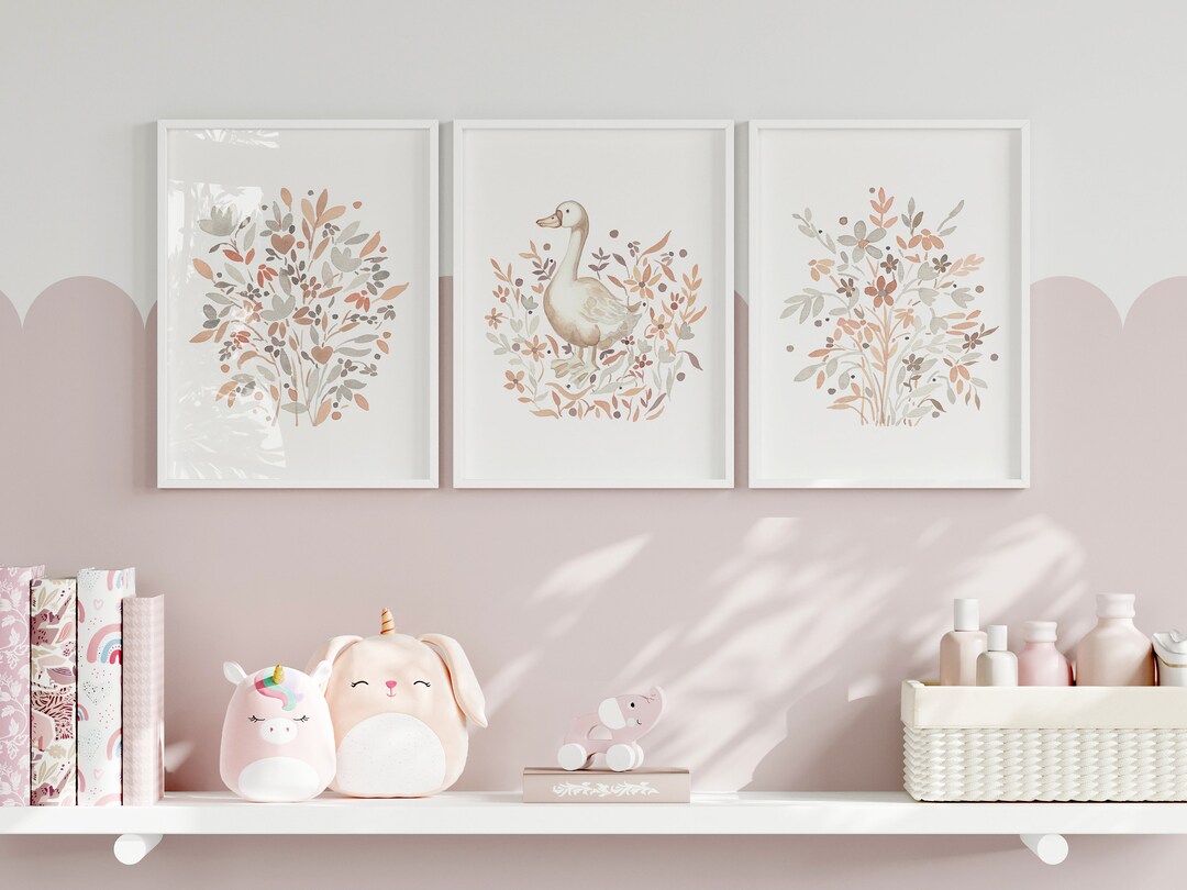 Duck Nursery Prints Neutral Floral Wall Art Set of 3 Boho Girls Bedroom ...