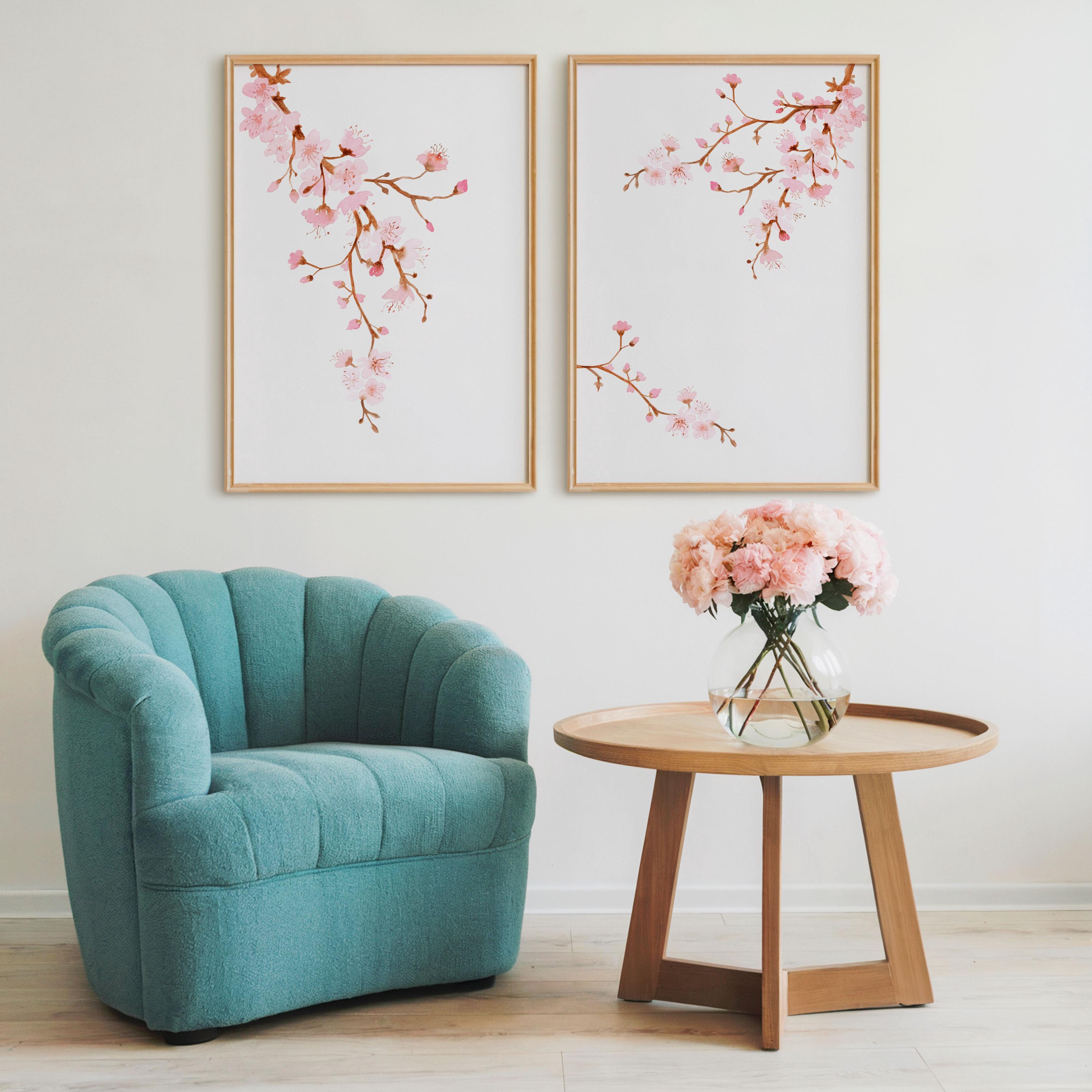 Cherry Blossom Watercolor Print Set: Light Pink Floral Wall Art ...