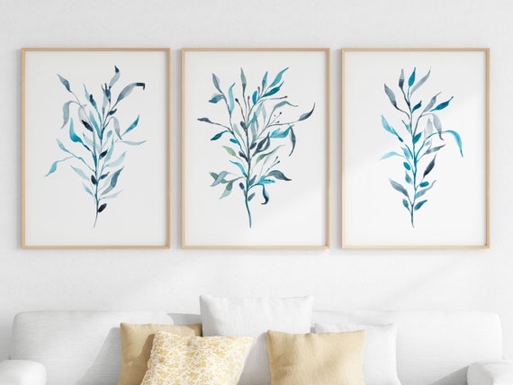 Blue Teal Wall Art Set of 3 Botanical Prints Minimalist | Etsy