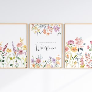 Wildflower Watercolor Prints For Girls Room, Floral Quote Wall Art Set Of 3, In A Field Of Roses She Is A Wildflower, Digital Download