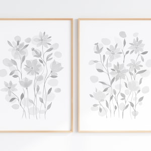 Gray Floral Prints, Neutral Flower Wall Art Set Of 2, Printable Wildflower Watercolors, Digital Download