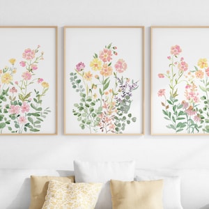 Botanical Watercolor Print Set Of 3, Floral Wall Art, Printable Wildflower Wall Decor, Digital Download Artwork