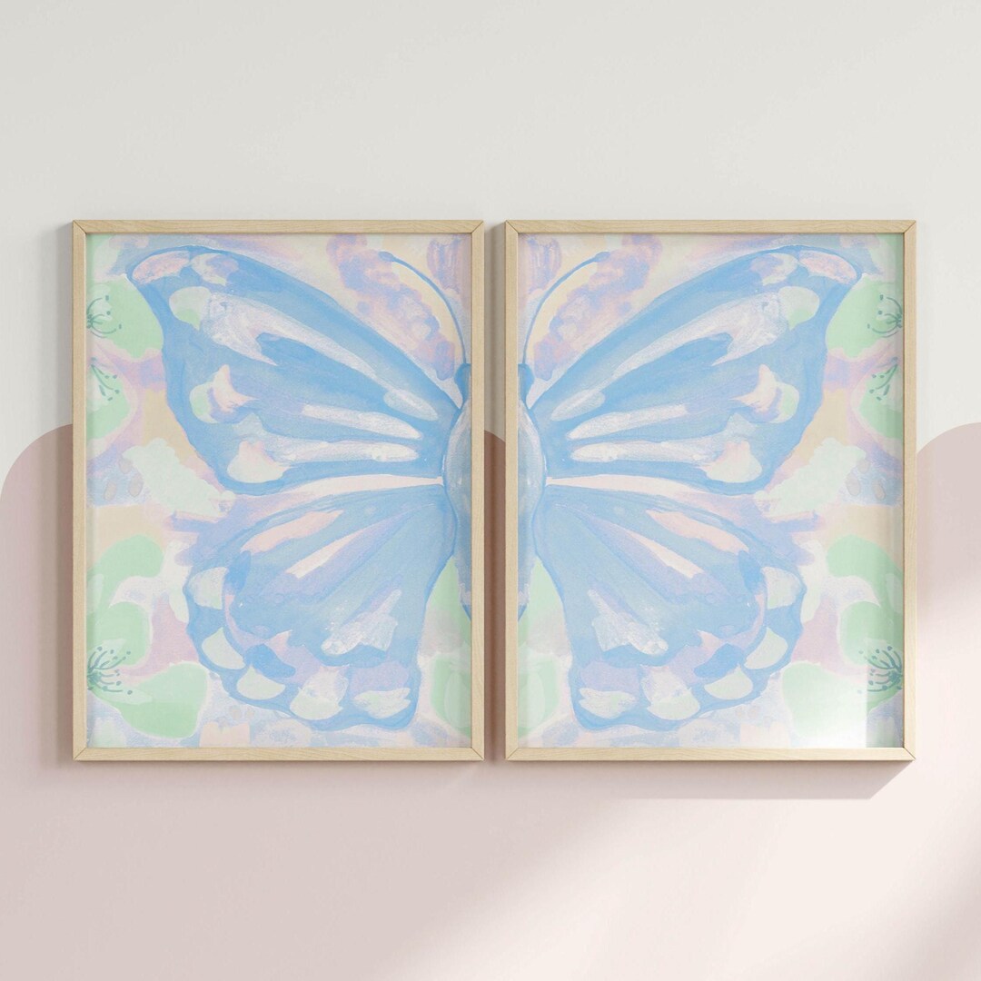Split Butterfly Wings Wall Art Set of 2 | Pastel Blue Girls Room Prints ...