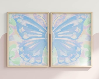 Split Butterfly Wings Wall Art Set of 2 | Pastel Blue Girls Room Prints (Digital Download)