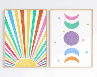 Wall Art Set Of 2 Bright Boho Prints, Colorful Sunburst And Moon Phase, Kids Room Wall Art, Nursery Decor, Digital Download