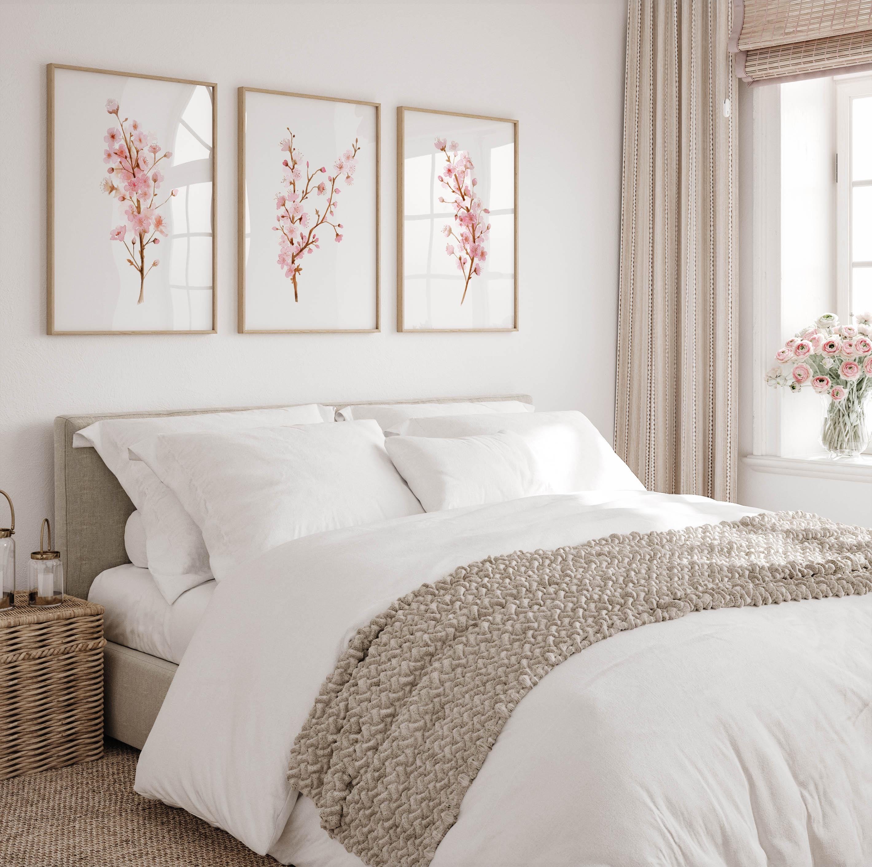 Cherry Blossom Wall Art Set of 3 Sakura Watercolor Prints Light Pink ...