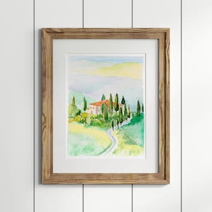 Toskana Landschaft Aquarell, Digitaldruck, druckbare Italien Wandkunst, Toskana Hügel Kunstwerk, rustikale italienische Landschaft