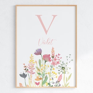 Personalisierter floraler Initialen- und Namensdruck, Wildblumenmädchen-Kinderzimmer-Wandkunst, individuelles Baby-Buchstaben-Aquarell-Poster, digitaler Download