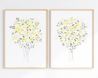 Yellow And Gray Flower Wall Art Printable, Floral Watercolor Print Set Of 2, Living Room Wall Art, Digital Download, Botanical Print