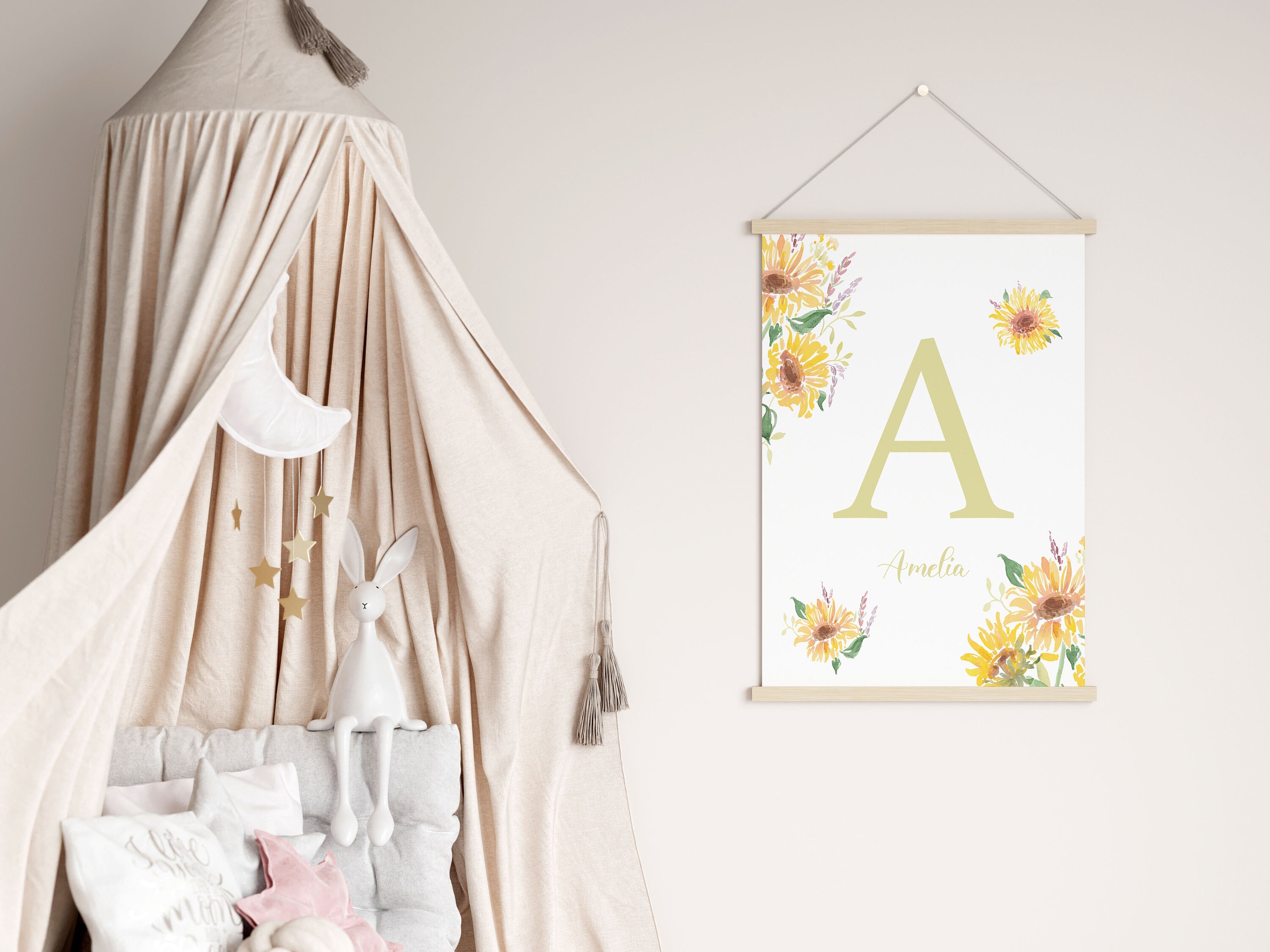 Sunflower Letter and Name Watercolor Print, Custom Initial Wall Art ...