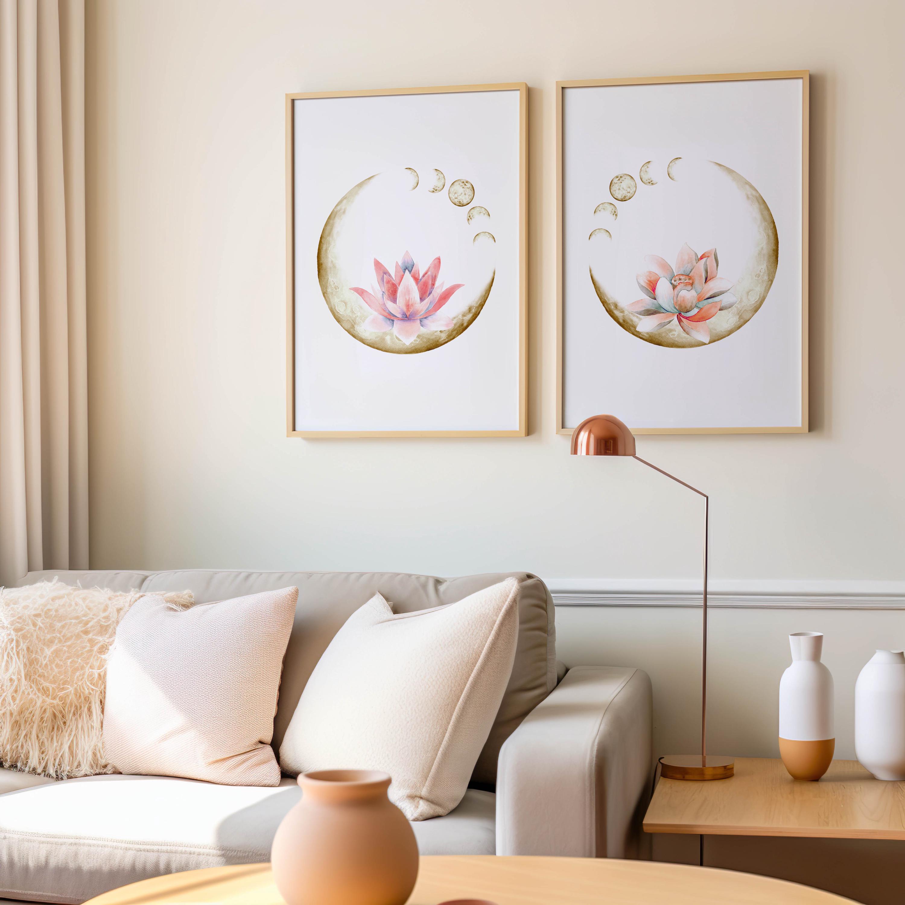 Lotus Flower Moon Phases Art Print Set: Zen Yoga Decor (digital ...